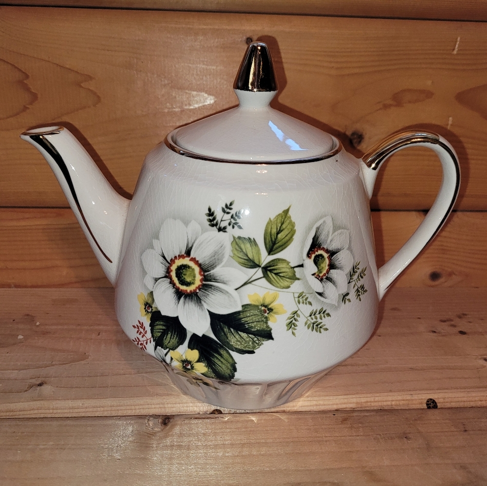Vintage English Teapot Gibson Staffordshire Porcelain with Flowers Gold Trim EUC